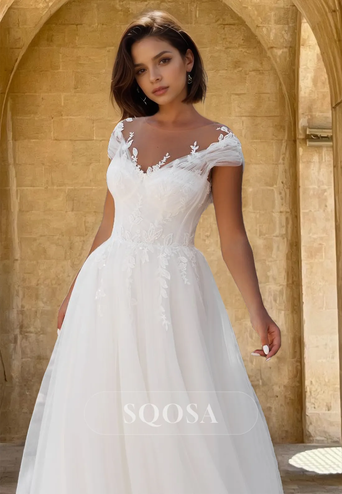 V-Neck Cap-Sleeves Pleated Tulle A-Line Wedding Dress Beaded Lace Applique Bride Gowns with Train