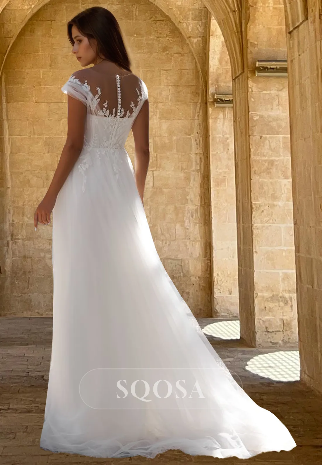 V-Neck Cap-Sleeves Pleated Tulle A-Line Wedding Dress Beaded Lace Applique Bride Gowns with Train