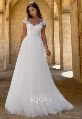 V-Neck Cap-Sleeves Pleated Tulle A-Line Wedding Dress Beaded Lace Applique Bride Gowns with Train