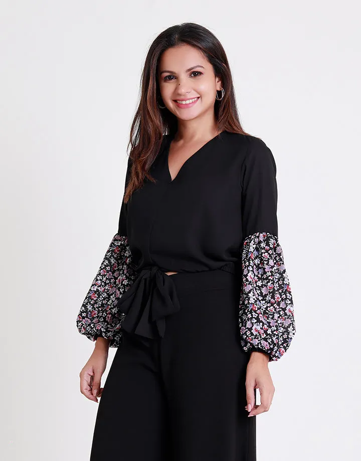 V-Neck Top with Colour Blocked Sleeves