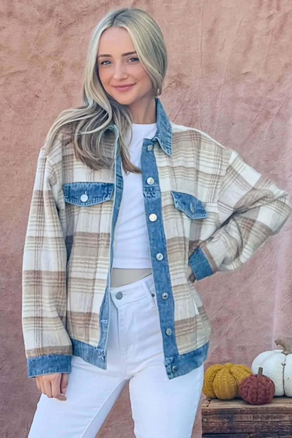 Washed Denim Detail Brushed Plaid Jacket – Plus Size Fashion Outerwear