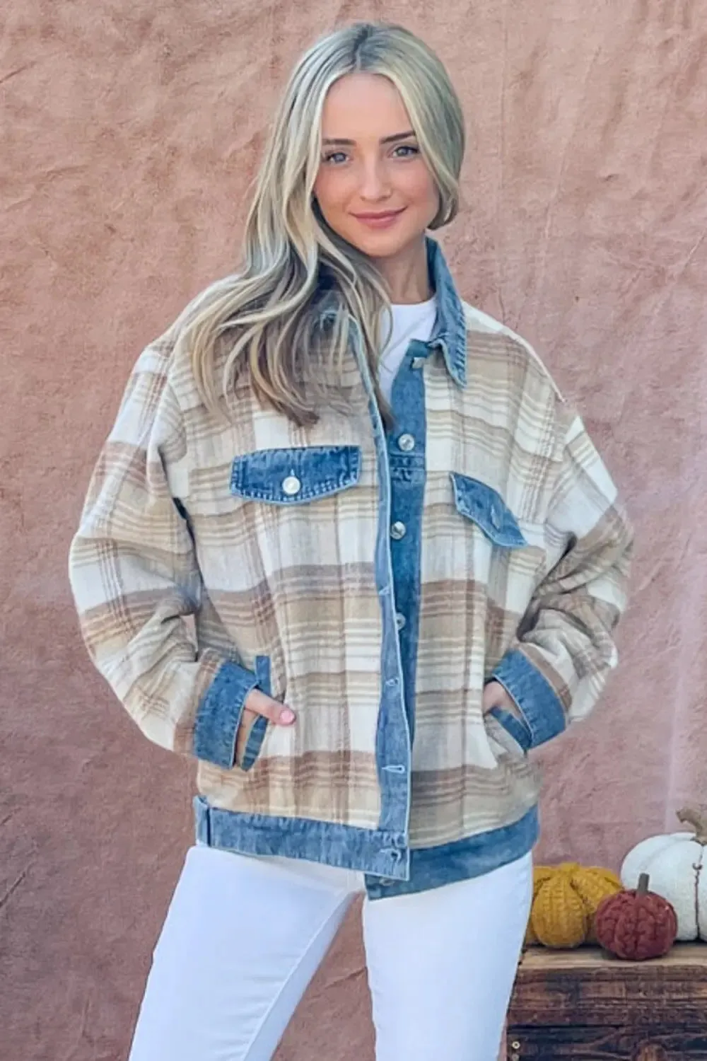 Washed Denim Detail Brushed Plaid Jacket – Plus Size Fashion Outerwear