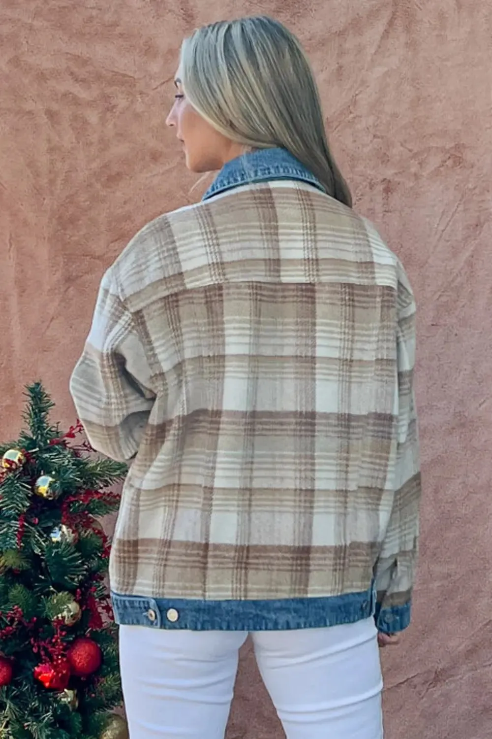 Washed Denim Detail Brushed Plaid Jacket – Plus Size Fashion Outerwear