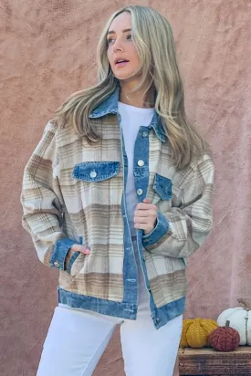 Washed Denim Detail Brushed Plaid Jacket – Plus Size Fashion Outerwear