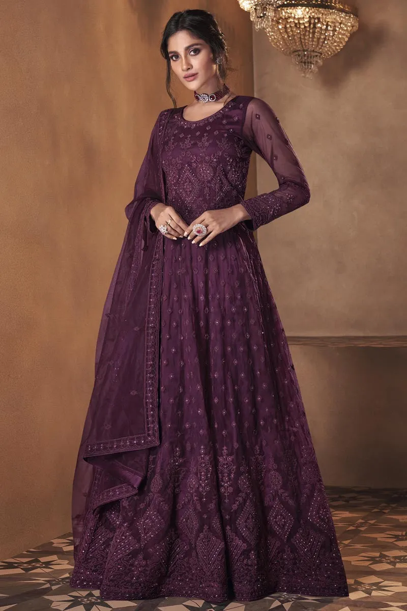 Wine Purple Wedding Thread Embroidered Anarkali Suit