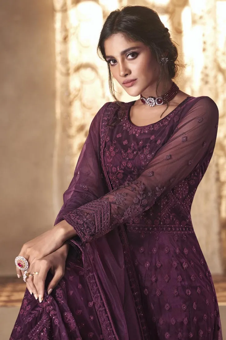 Wine Purple Wedding Thread Embroidered Anarkali Suit