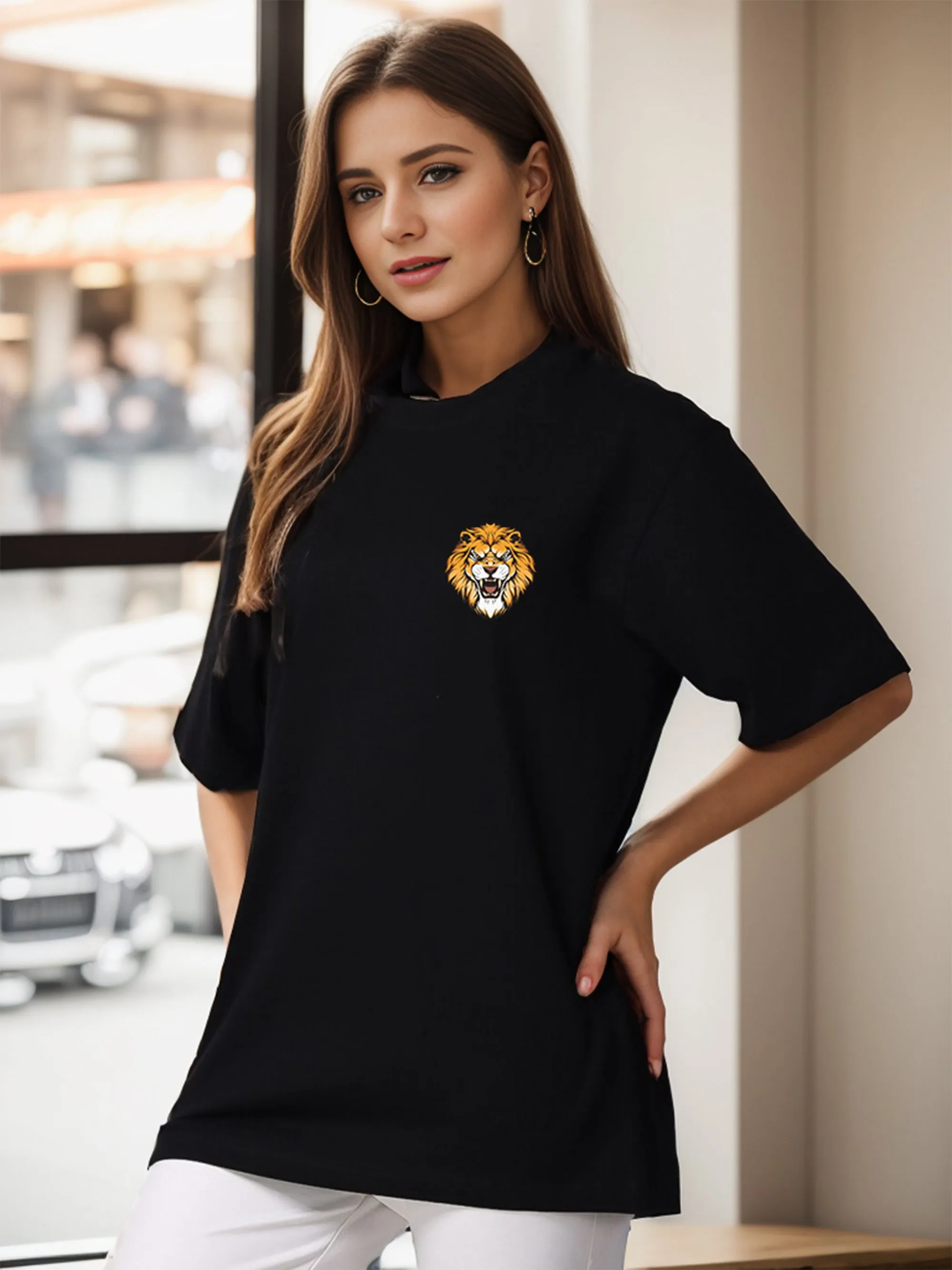 Women Graphic Printed Pure Cotton Drop Shoulder Long T-shirt